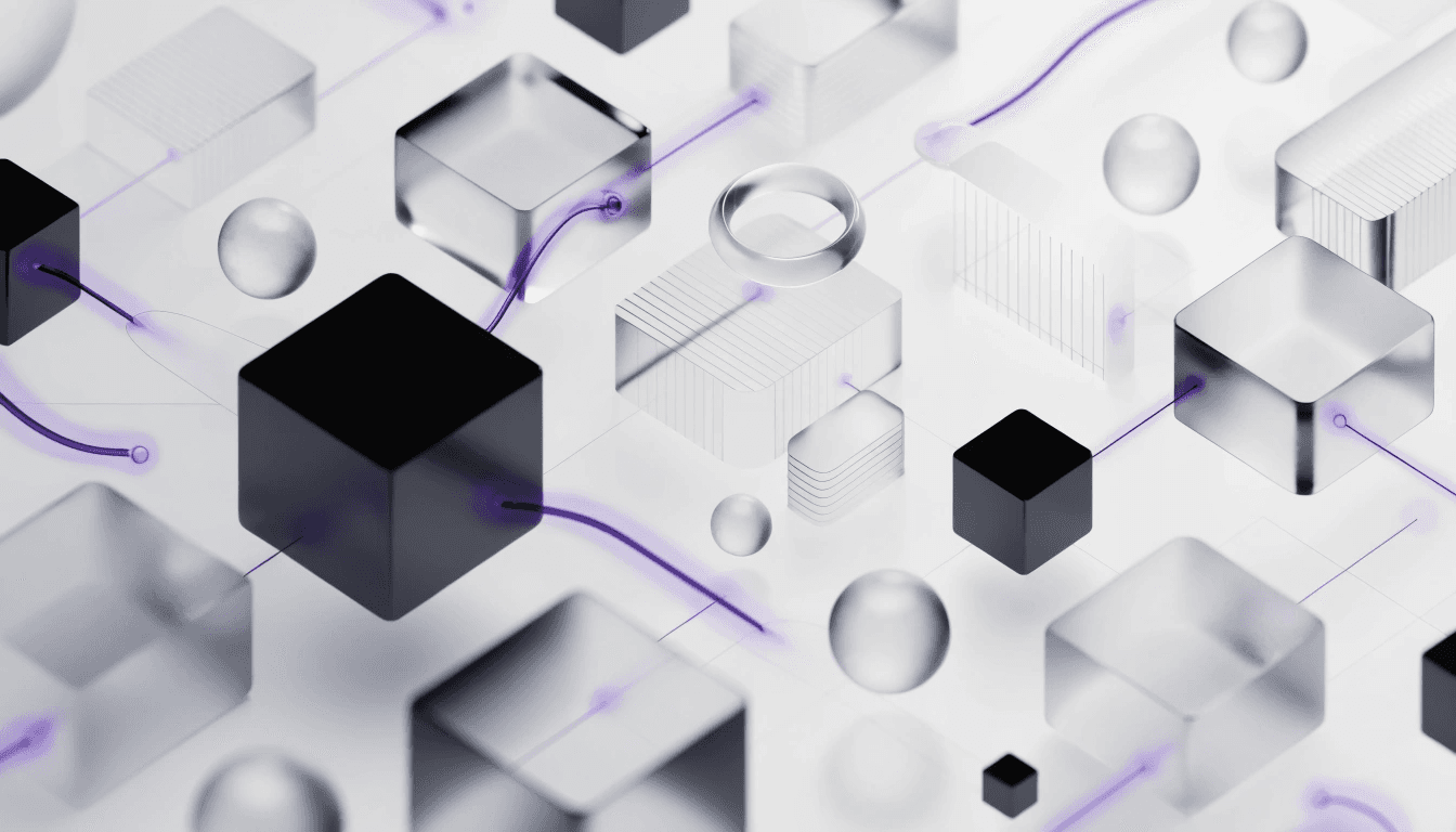 3D isometric render of financial infrastructure — matte metal surfaces with Cyber Purple edge-lighting